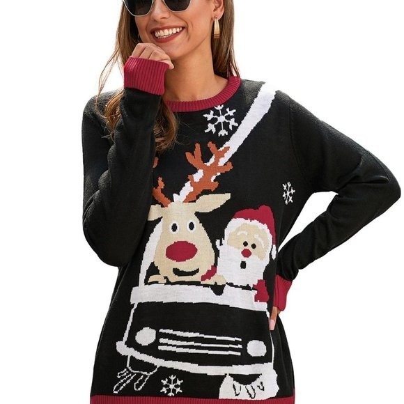 Black Reindeer Santa Clause Cartoon Print Ugly Christmas Sweater - Picture 3 of 8